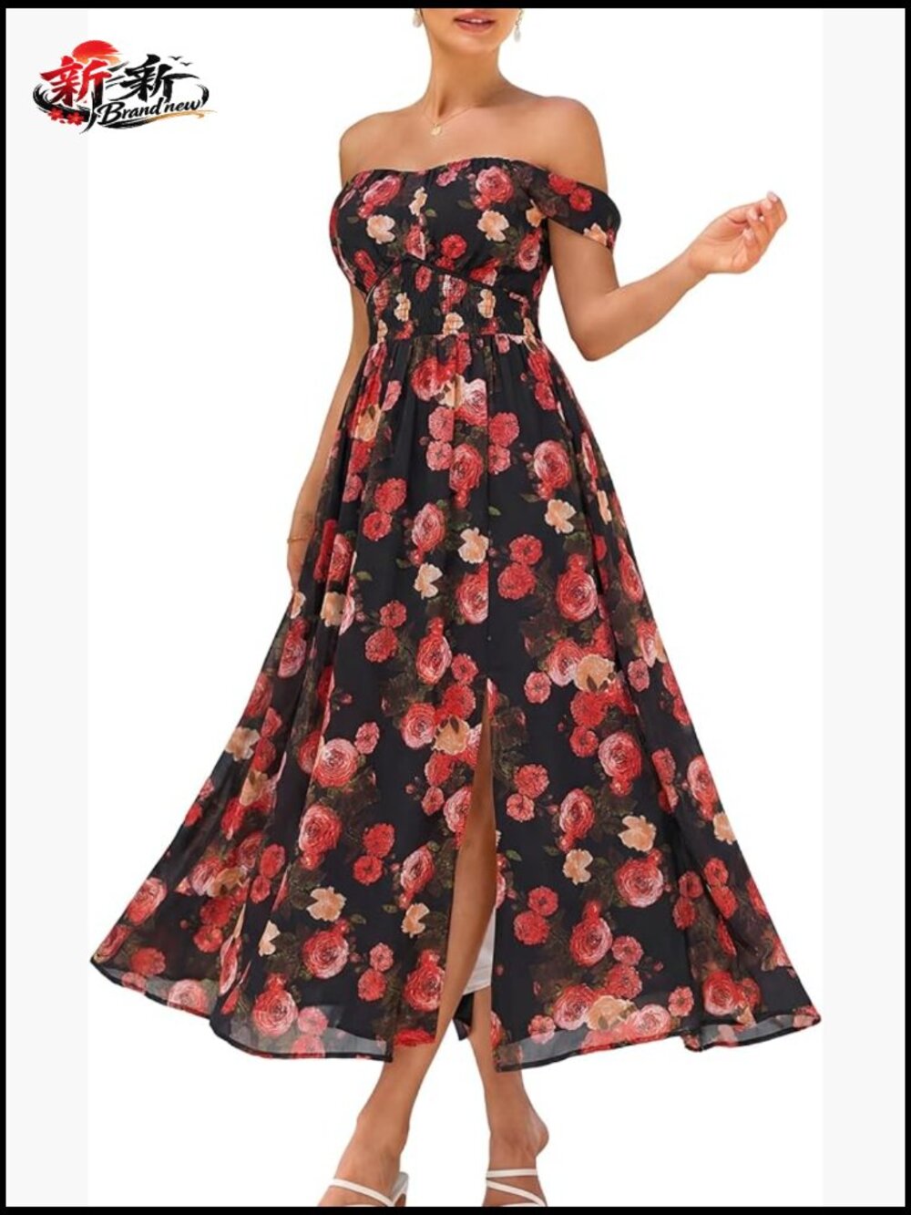Off Shoulder Floral Maxi Dress with Pockets A-Line Chiffon Wedding Guest Dress